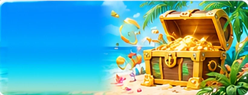 หีบสมบัติเต็มไปด้วยเหรียญทองบนชายหาด