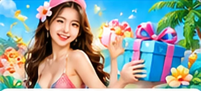 พรีเซนเตอร์ยิ้มรับกล่องของขวัญริมทะเล